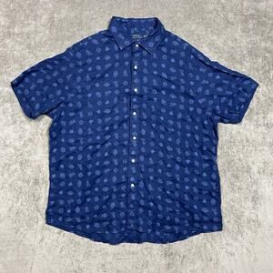 Polo Ralph Lauren 100% Linen Button Up Shirt 2XL Blue Football Bulldog Logo